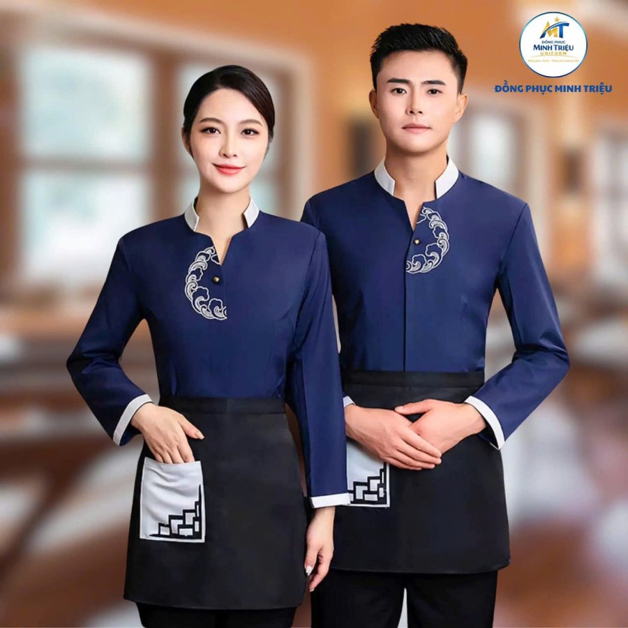 Áo đồng phục nhà hàng ăn uống màu xanh phong cách trung quốc