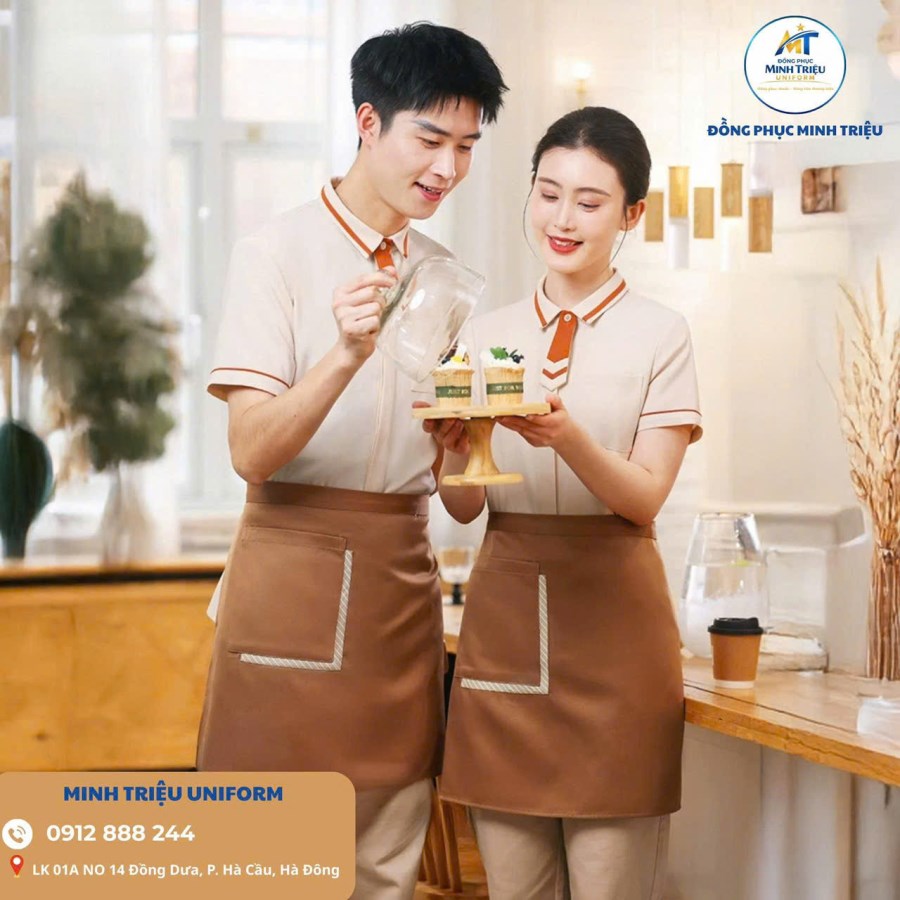 Áo đồng phục nhà hàng ăn uống màu nâu năng động cho quán Cafe