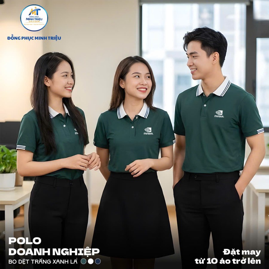 Áo đồng phục công ty ăn uống màu xanh lá phối bo dệt