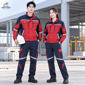 Đồng phục bảo hộ lao động màu đỏ phối xanh navy