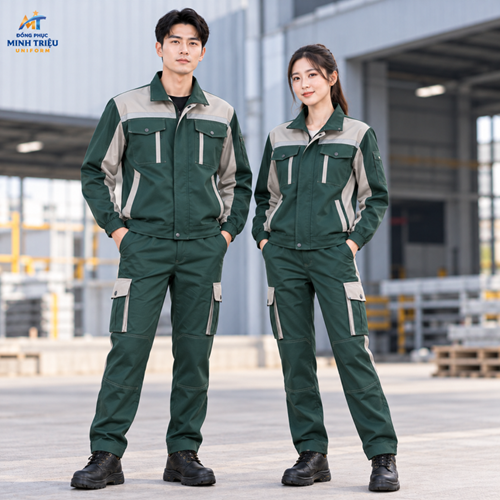 Đồng phục bảo hộ lao động màu xanh rêu phối ghi sáng