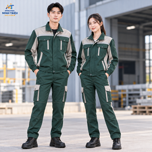 Đồng phục bảo hộ lao động màu xanh rêu phối ghi sáng