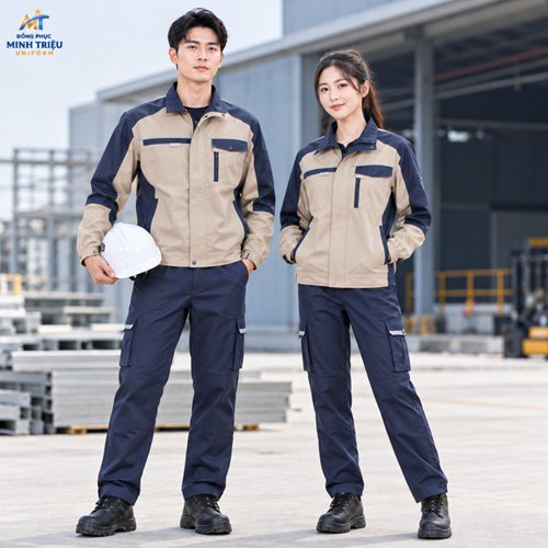 Đồng phục lao động màu be phối xanh navy