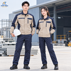Đồng phục lao động màu be phối xanh navy