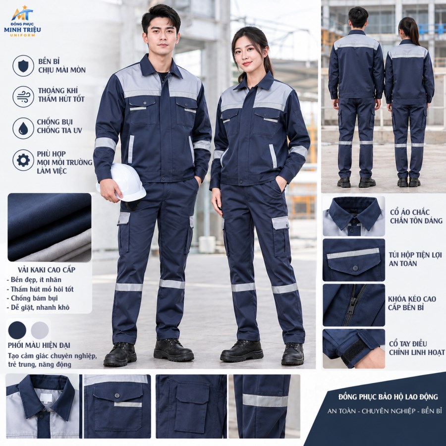 Đồng phục lao động màu xanh navy phối ghi
